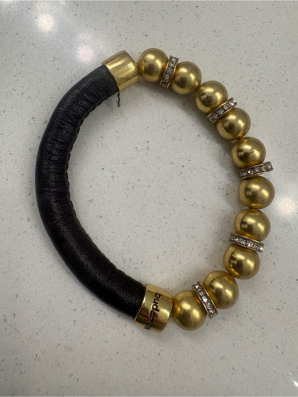 Gold Bead and Black Leather Stretch Bracelet